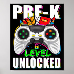 Poster Nível de Pré-K Desbloqueado Gamer Primeiro Dia de
