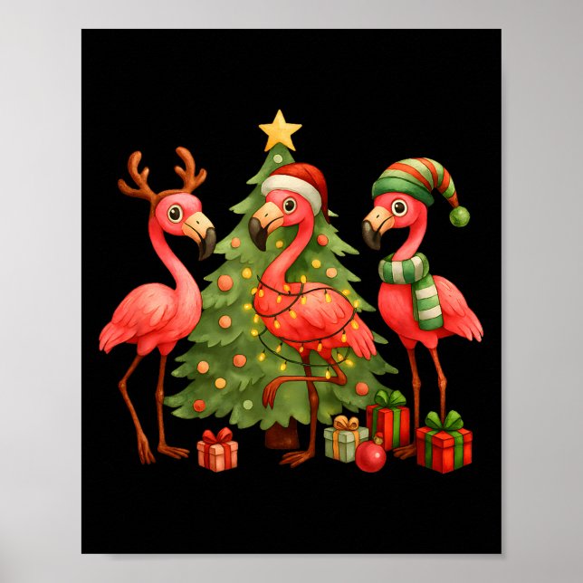 Poster Nk Christmas Flamingos _ Cute Holiday Tree &amp; D (Frente)