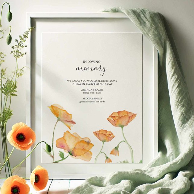 Poster No Adoro Memória Sinal Laranja Laranja Flores (wedding signs in loving memory with watercolor poppy flowers by Victoria Grigaliunas)