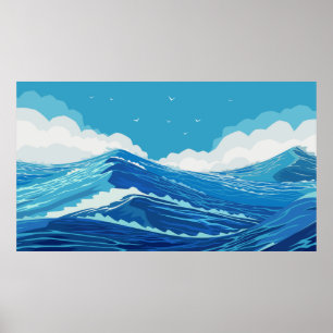 Poster No oceano. Lindas ondas de mar grandes e azuis