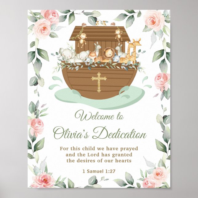Poster Noah's Ark Pink Floral Dedications Christening (Frente)