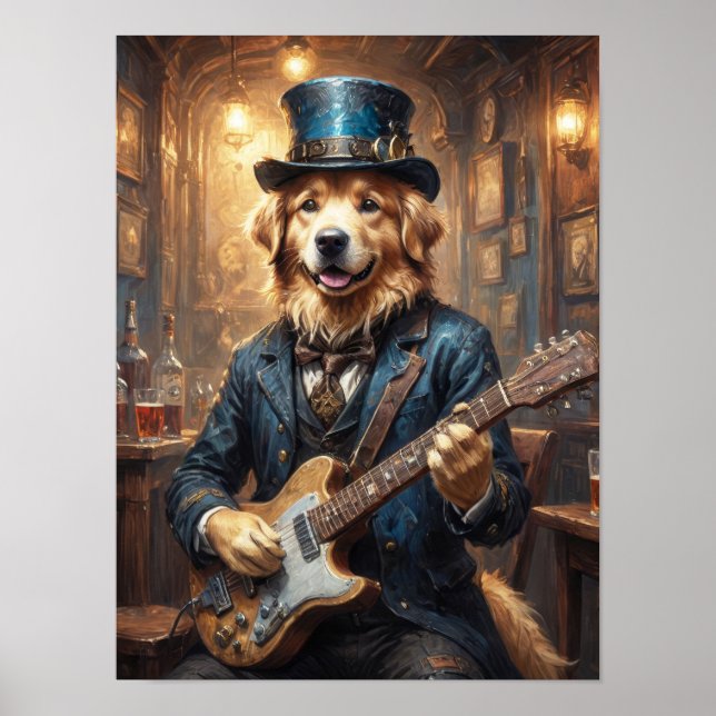 Poster Nobre Retriever dourado tocando guitarra em pub (Frente)