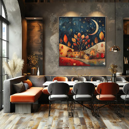 Póster Noche Estrellada: Paisaje Folk y Naive Colorido