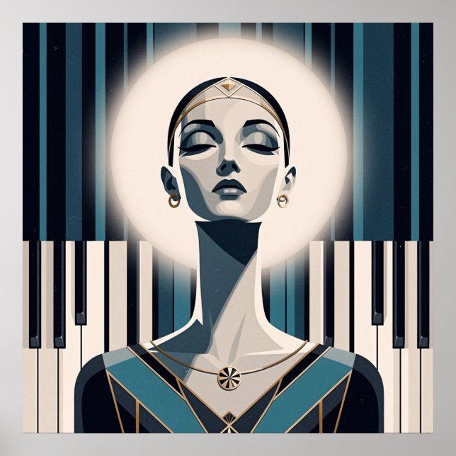 Poster Nocturne in Teal: Art Deco Piano Portrait  (Frente)