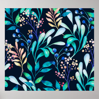 Poster Noite Botânica: Berries e Folhas de Aquarela