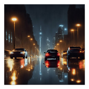 Póster Noite chuvosa. Poster de paisagem urbana