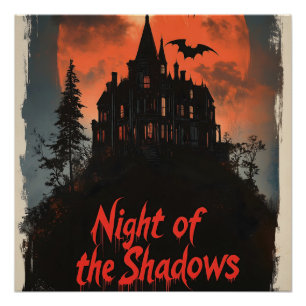Póster Noite das Sombras - Design da Casa Assombrada Retr