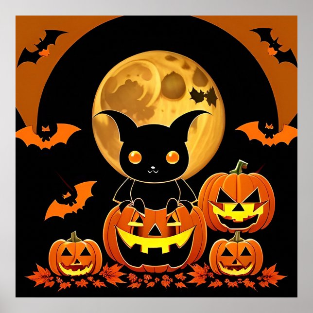 Poster Noite de Halloween Desenho Morcegos Abóboras Lua C (Frente)