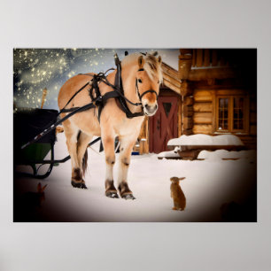 Póster Noite de Natal estrelado na fazenda com cavalo