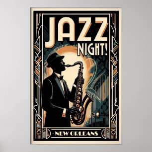Poster Noite de Nova Orleans Jazz - Arte Vintage