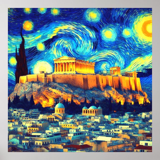 Poster Noite Estrelada Acrópole Atenas Grécia (Frente)