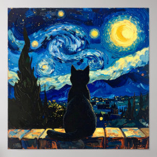 Poster Noite Estrelada de Van Gogh com Gato Preto