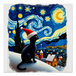 Póster Noite Estrelada Festiva Natal Gato Preto Chapéu do