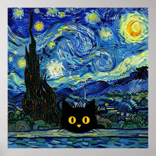 Poster Noite Estrelada Gato Inspirado em Van Gogh Céu Est