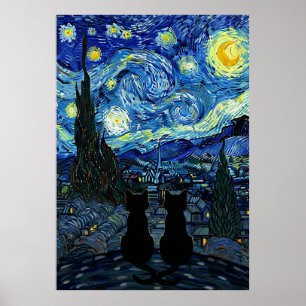 Poster Noite Estrelada Gato Inspirado no Céu Estrelado de