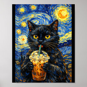 Poster Noite estrelada gato preto café estilo van gogh en