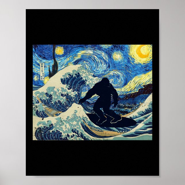 Poster Noite Estrelada Pé Grande Surfando a Grande Onda a (Frente)