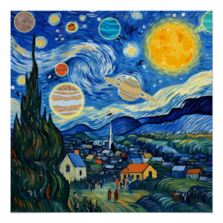 Póster Noite Estrelada Sistema Solar Arte Divertida Paród