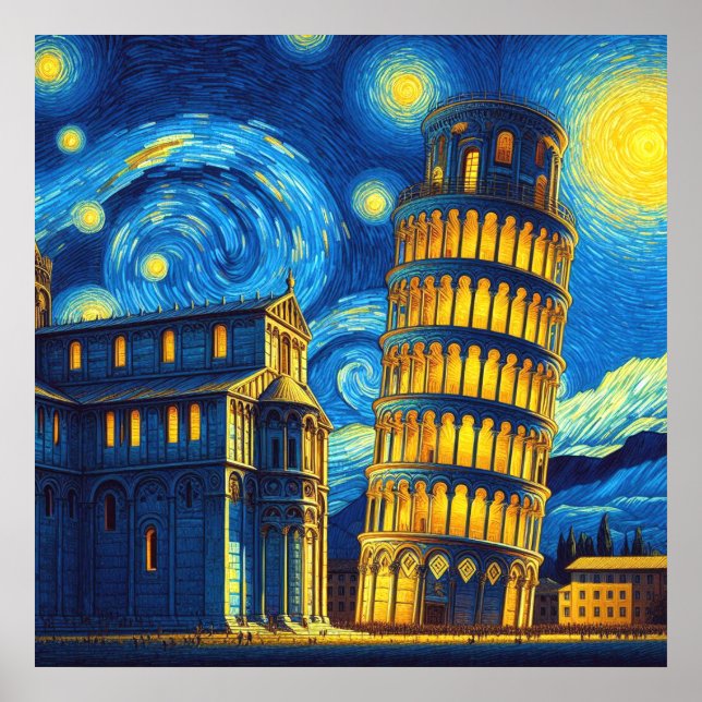Poster Noite Estrelada Torre de Pisa Itália (Frente)
