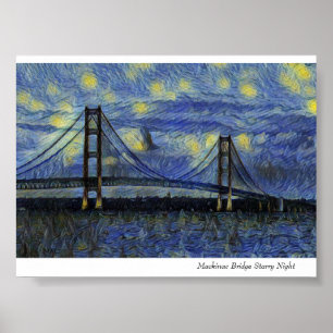 Poster Noite estrelado de ponte de Mackinac