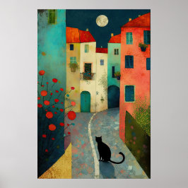 Poster Noite Luar Colorida: Gatos e Casas Encantadores