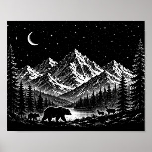 Poster Noite Selvagem da Montanha Mística no Estilo Linoc