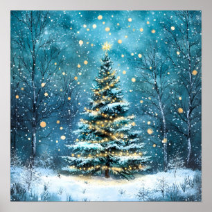 Poster Noite Silenciosa Árvore de Natal Floresta Brilhant