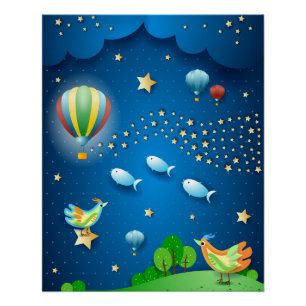 Póster Noite surreal com balões e onda de estrelas posta