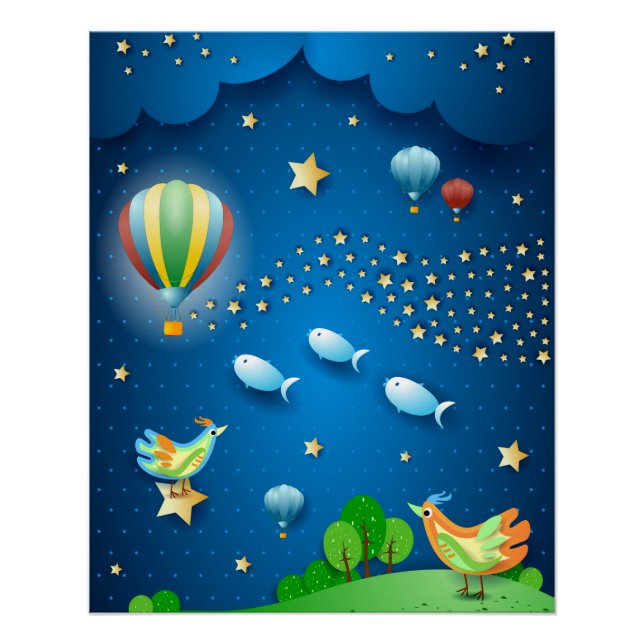 Póster Noite surreal com balões e onda de estrelas posta (Frente)