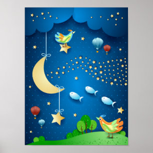 Poster Noite surreal com lua e onda das estrelas