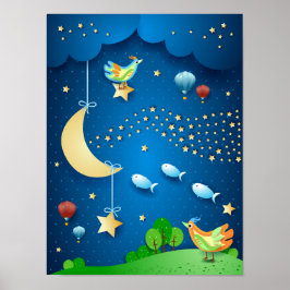 Poster Noite surreal com lua e onda de estrelas