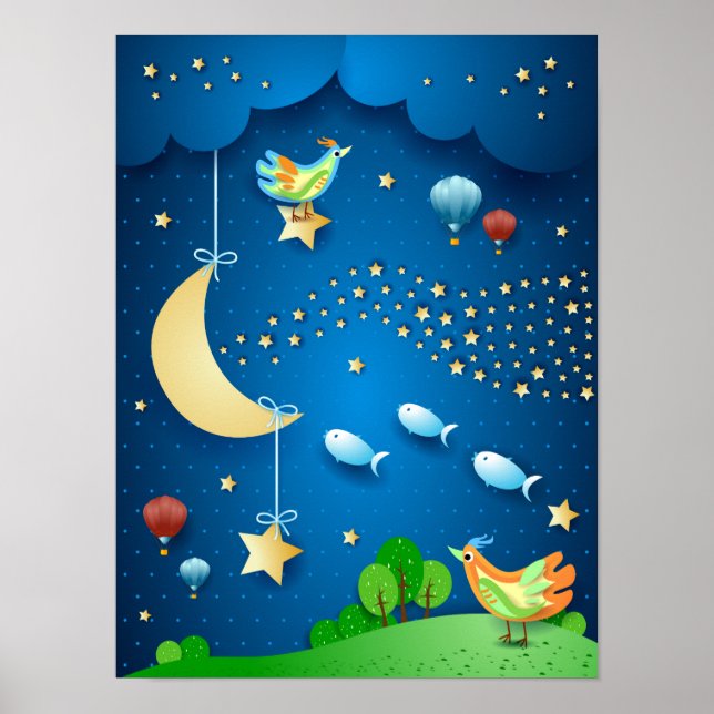 Poster Noite surreal com lua e onda de estrelas (Frente)