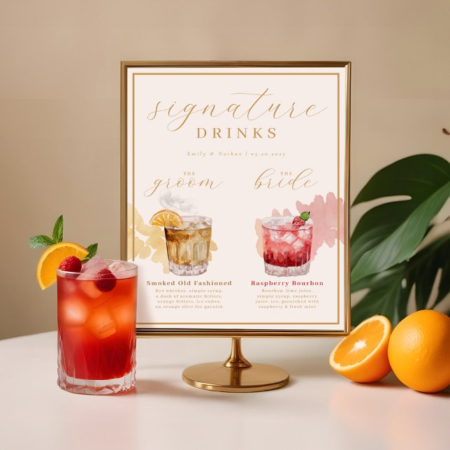 Poster Noiva e Groom Signature Bebe Watercolor Cocktail (Bride & Groom Signature Drinks Watercolor Cocktail Poster)