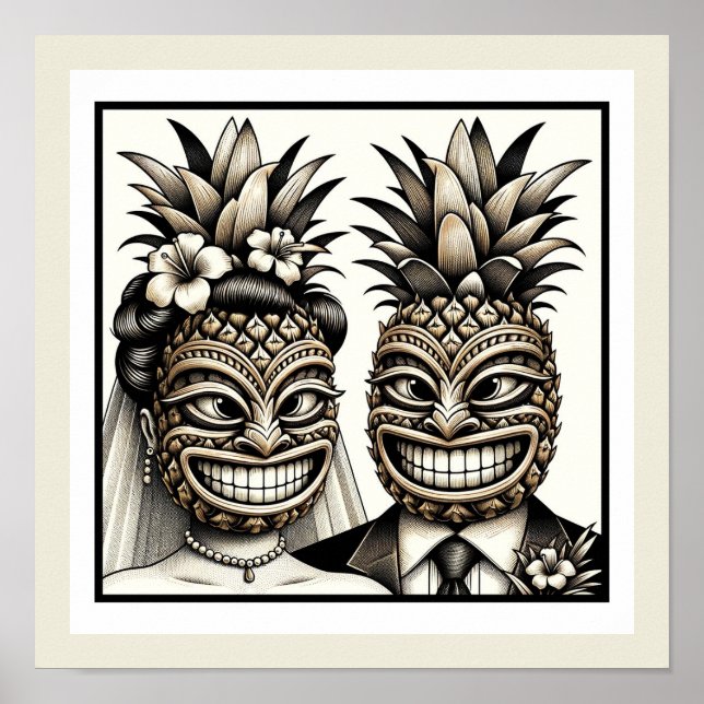 Poster Noiva e Noivo Cabeça Tiki de Abacaxi Aloha Casamen (Frente)