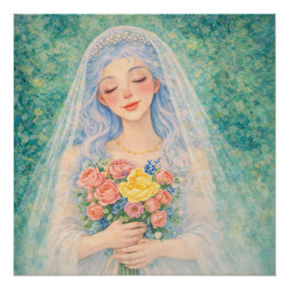 Póster Noiva Floral Sonhadora Ilustração Aquarela
