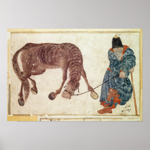 Póster Nómada do Mongolian que toma seu cavalo à água