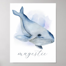 Poster Nome Baleia Jubarte Baleen Aquarela Azul Branco