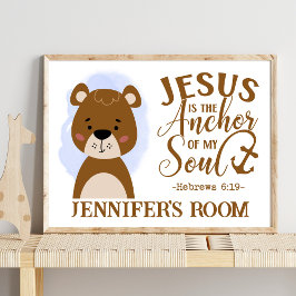 Poster Nome Christian Cute Woodland Baby Bear Cotação Bíb