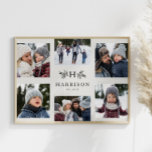 Póster Nome da família de colagem fotográfica do monogram<br><div class="desc">Uma colagem de seis fotos envolve um simples galho inicial e rústico junto com um nome e um ano. Faz um presente de manutenção de excelente com seu esquema de cores preto e branco. Destaques do seu ano, o melhor da sua foto de família, imagens de netos, fotos de casamento...</div>