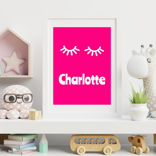 Poster Nome da Menina Cílios Rosa Sólido (Decorate your little princess's room with this solid pink poster. Add her name and buy it today!)