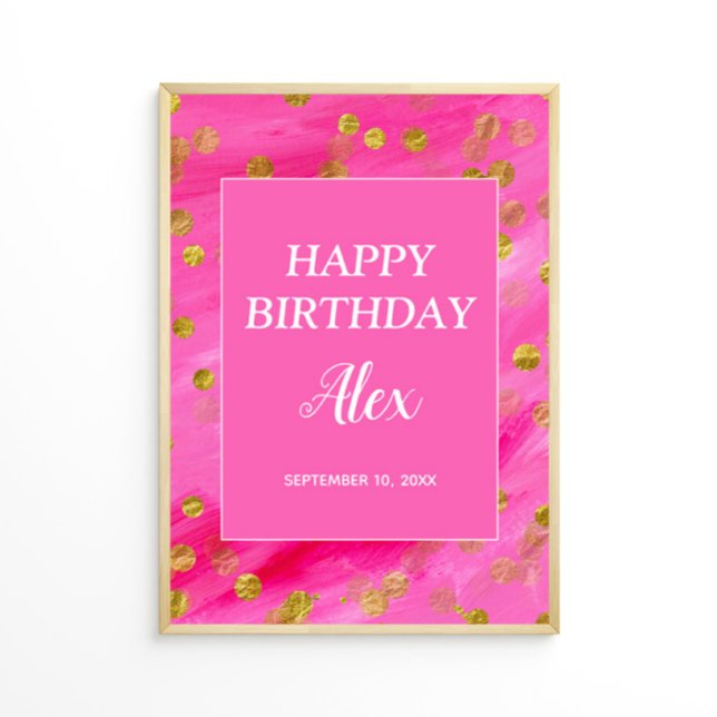 Poster Nome de Aniversário Feliz Dourado Rosa Quente (Pink and gold glitter custom birthday party poster)