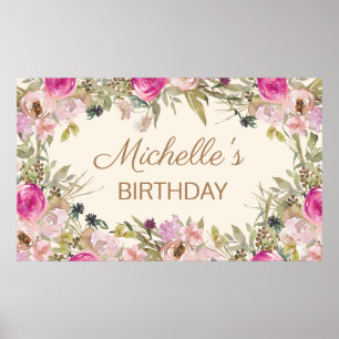Poster Nome de Aniversário Floral em Aquarela Rosa