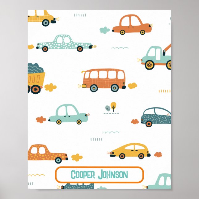 Poster Nome de carro personalizado azul pastel e laranja (Frente)