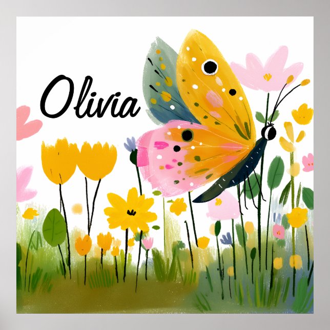 Poster Nome de Menina Borboleta Fofa Flores Silvestres (Frente)