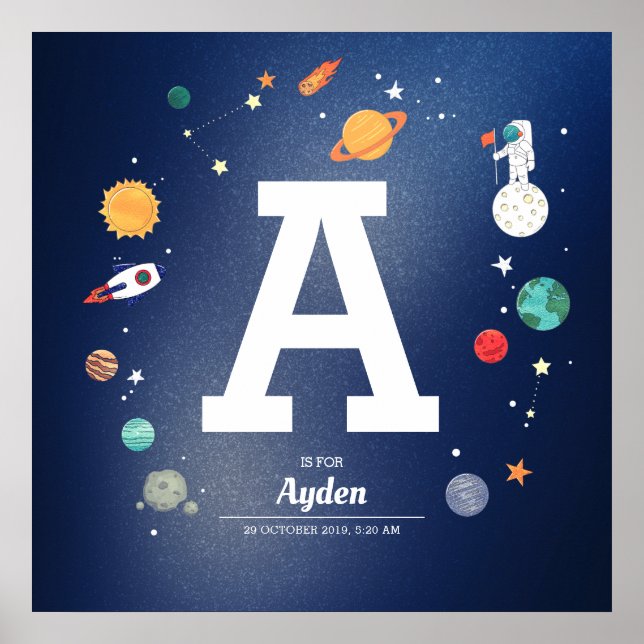 Poster Nome de menino bebê monograma planetas e universo  (Frente)