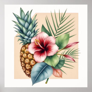 Poster Nome de Verão Floral Havaí Abacaxi & Hibisco