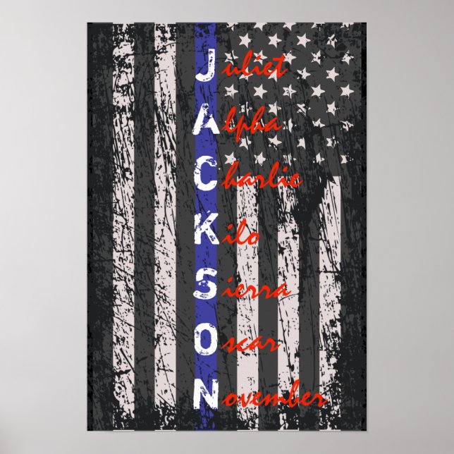 Póster Nome do alfabeto fonético fina de linha azul fina (Frente)