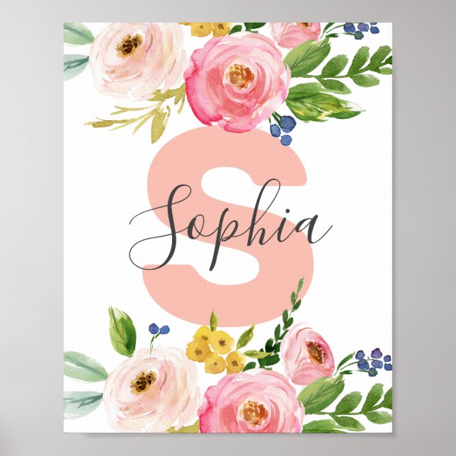Poster Nome Floral Menina Bebê Personalizada Nursery Boho (Frente)