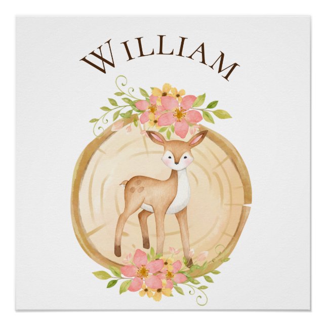 Póster Nome Florestal de Bebê de Veado Fofo (Frente)