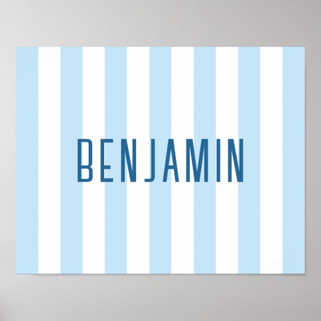 Poster Nome Moderno em Listra Azul Claro e Branco (Frente)
